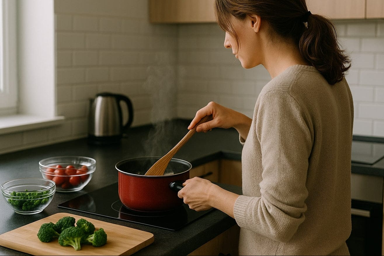 Femme préparant un repas dans une cuisine chaleureuse
